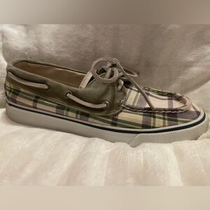 Sperry Plaid Canvas Boat Shoe in Olive, Cream and Tan